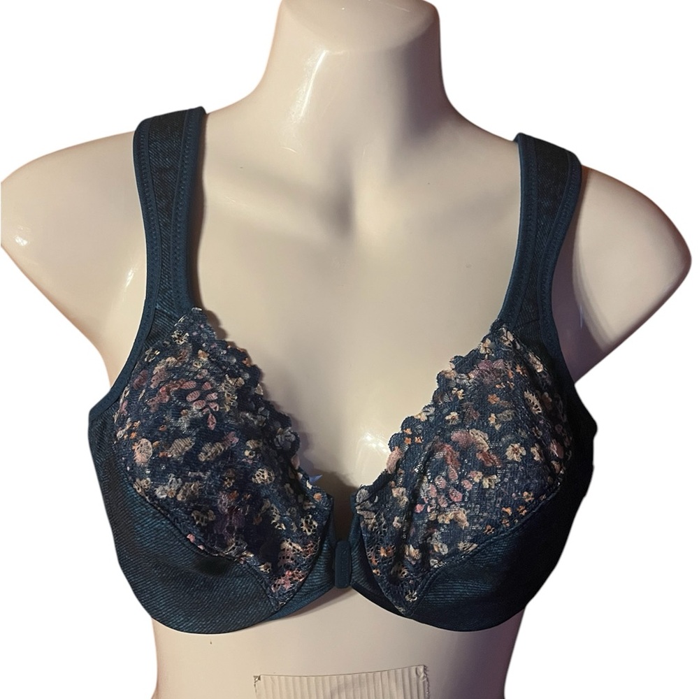 NWOT Glamorise Front Close Wonderwire Bra 34B Style 1245 Denim Blue w Floral
